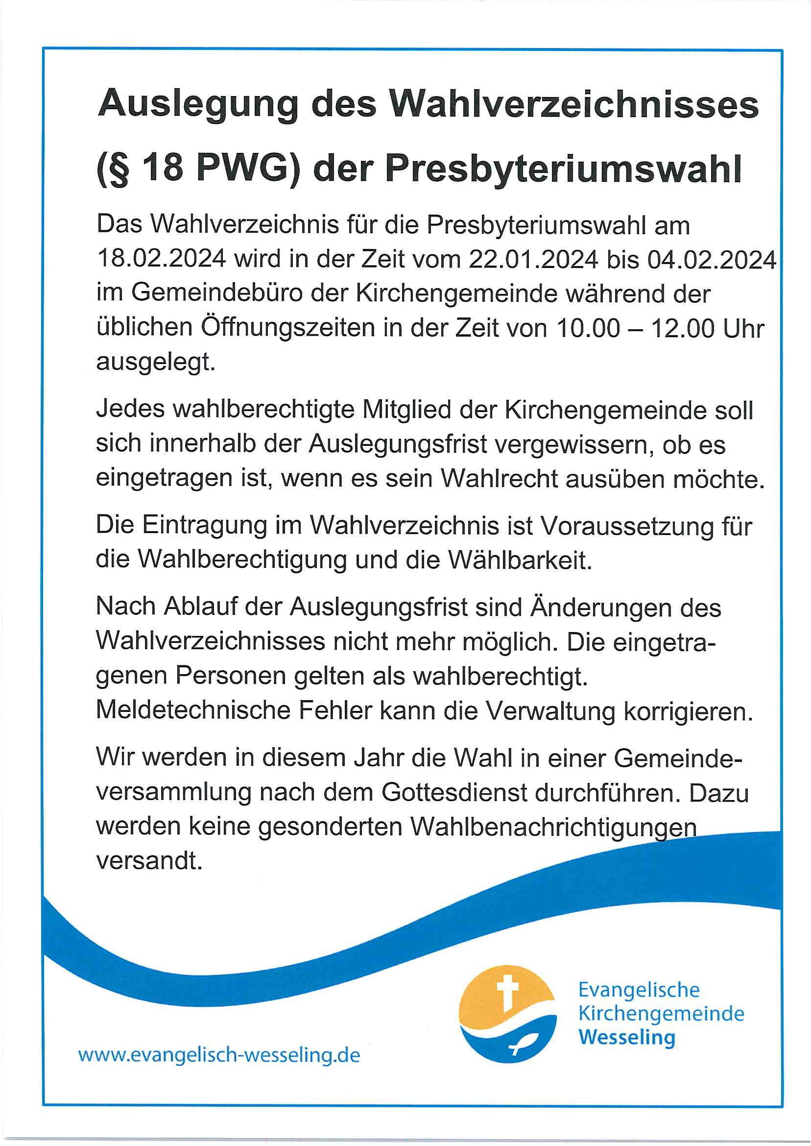 Read more about the article Information zur Auslegung des Wahlverzeichnisses zur Presbyteriumswahl 2024