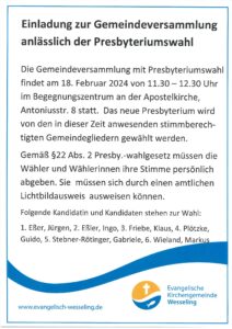 Read more about the article Einladung zur Gemeindeversammlung anlässlich der Presbyteriumswahl