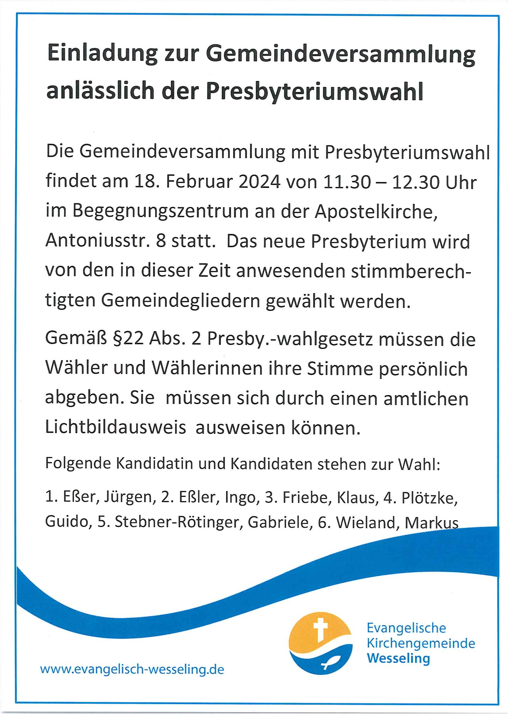 Mehr über den Artikel erfahren Einladung zur Gemeindeversammlung anlässlich der Presbyteriumswahl