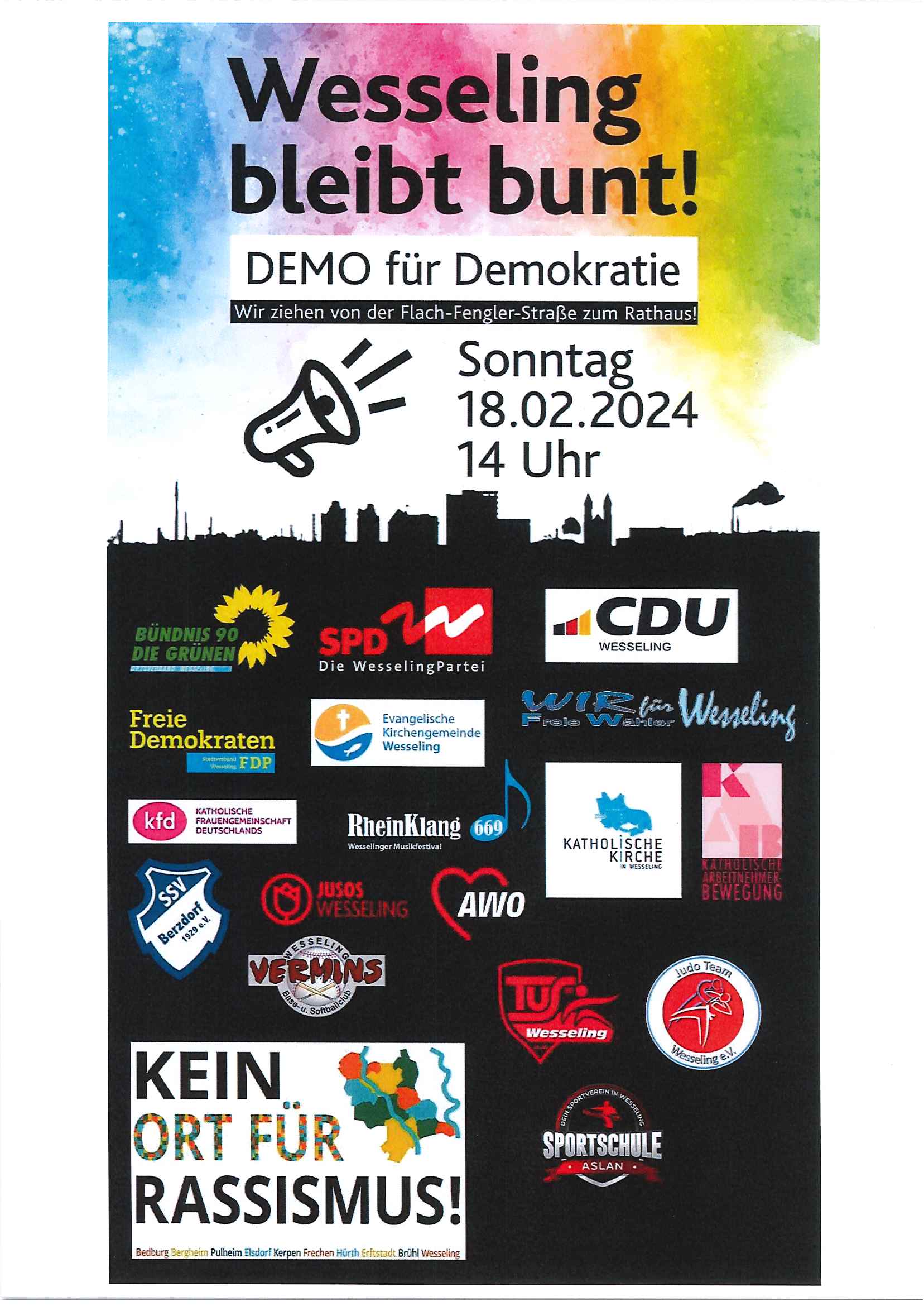 You are currently viewing Wesseling bleibt bunt! DEMO für Demokratie am Sonntag, dem 18.02.2024